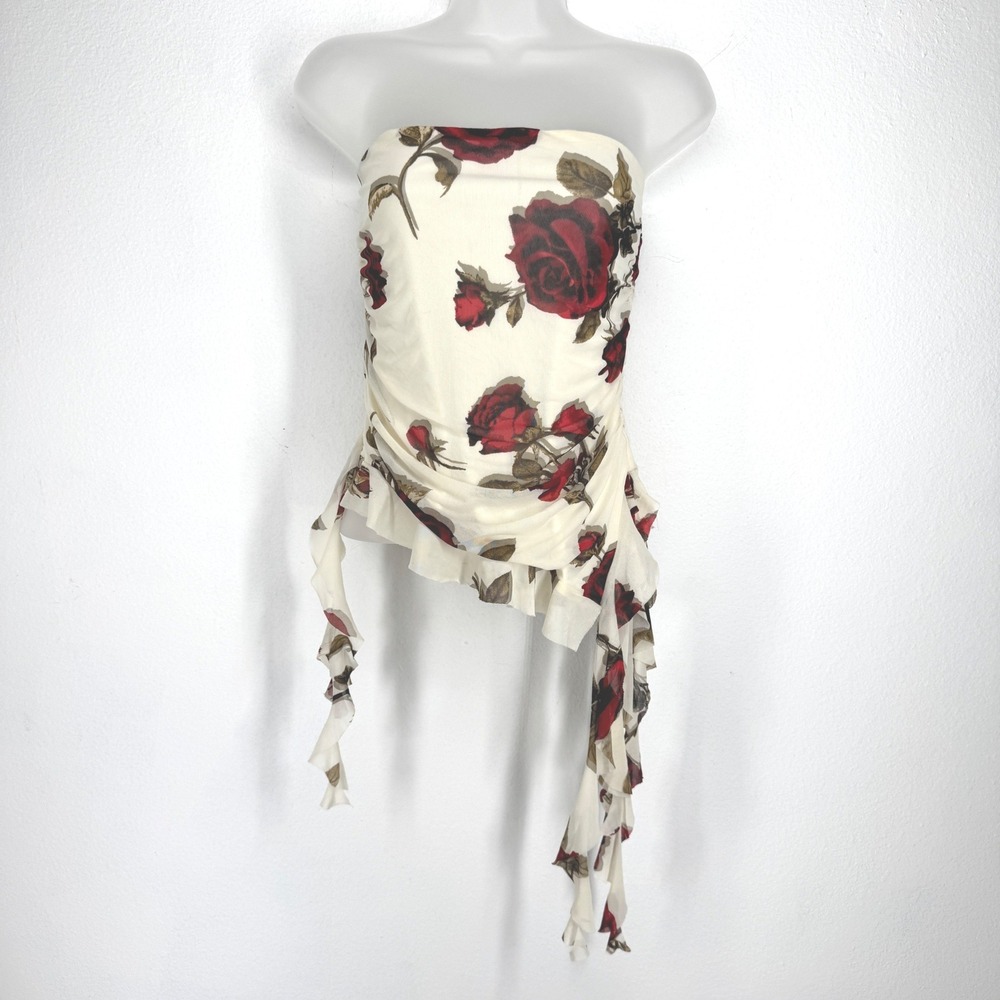 Womens Rose Floral Ruched Asymmetrical Mesh Tube Top Size L Witchy Whimsigoth
